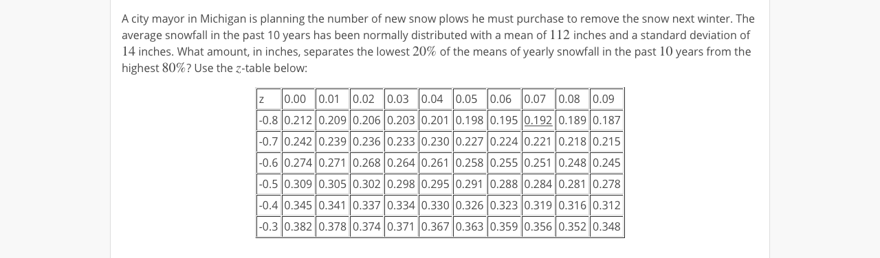 A city mayor in Michigan is planning the number of new snow plows he must purchase to remove the snow next winter. The
average snowfall in the past 10 years has been normally distributed with a mean of 112 inches and a standard deviation of
14 inches. What amount, in inches, separates the lowest 20% of the means of yearly snowfall in the past 10 years from the
highest 80%? Use the z-table below:
