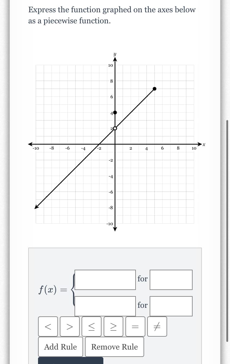 Express the function graphed on the axes below
as a piecewise function.
10
8
6.
40
20
-10
-8
-6
-4
-2
4
8
10
-2
-4
-6
-8
-10
for
f (x) =
for
Add Rule
Remove Rule
VI
