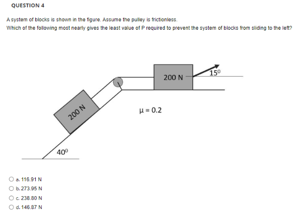 QUESTION 4
A system of blocks is shown in the figure. Assume the pulley is frictionless.
Which of the following most nearly gives the least value of P required to prevent the system of blocks from sliding to the left?
a. 116.91 N
O b. 273.95 N
O c. 238.80 N
d. 146.87 N
200 N
40⁰
μ = 0.2
200 N
15⁰