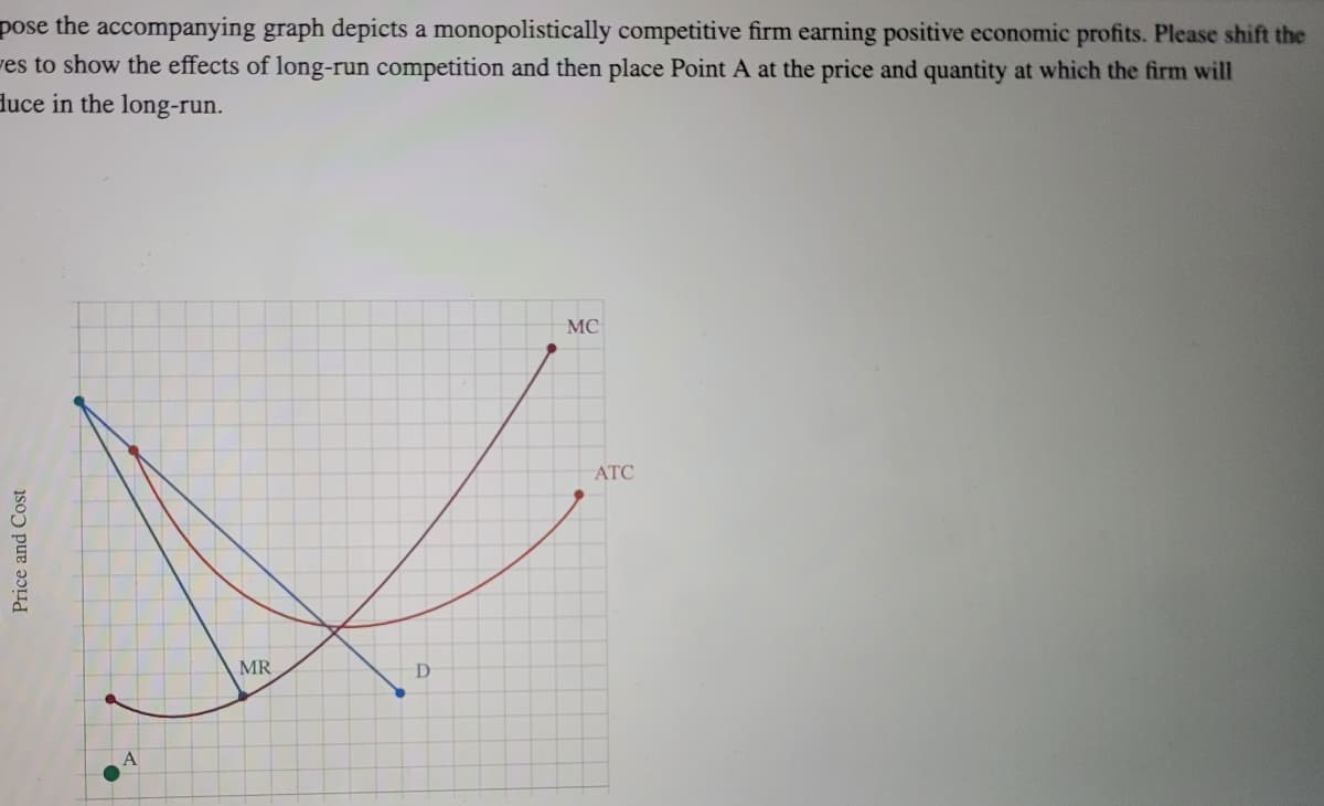 pose the accompanying graph depicts a monopolistically competitive firm earning positive economic profits. Please shift the
res to show the effects of long-run competition and then place Point A at the price and quantity at which the firm will
duce in the long-run.
MC
АТС
MR
A
Price and Cost
