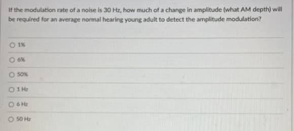 If the modulation rate of a noise is 30 Hz, how much of a change in amplitude (what AM depth) will
be required for an average normal hearing young adult to detect the amplitude modulation?
1%
6%
50%
0 1 Hz
C6H
9 50 Hz
