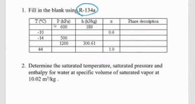 1. Fill in the blank using R-134a
TOC)
PPa)
600
Phare description
180
-10
-14
06
500
1200
300.61
44
1.0
2. Determine the saturated temperature, saturated pressure and
enthalpy for water at specific volume of saturated vapor at
10.02 m/kg.
