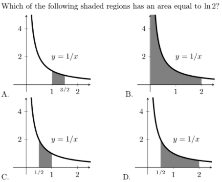 Which of the following shaded regions has an area equal to lIn 2?
4
4
y = 1/x
y = 1/x
2
1 3/2 2
1
A.
В.
4
2
y = 1/x
y = 1/x
1/2 1
1/2 1
2
C.
D.
2.
2.
2.
2.
