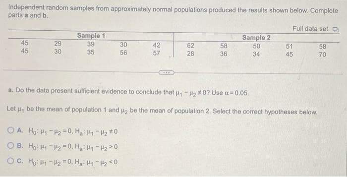 Independent random samples from approximately normal populations produced the results shown below. Complete
parts a and b.
Full data setO
Sample 1
39
Sample 2
50
45
29
58
30
42
62
51
58
45
30
35
56
57
28
36
34
45
70
a. Do the data present sufficient evidence to conclude that H-H2 *0? Use a = 0.05.
Let u, be the mean of population 1 and p2 be the mean of population 2. Select the correct hypotheses below.
O A. Ho: H1 -H2 = 0, H H -H2 #0
O B. Ho: H -H2 = 0, H: H1 - H2>0
OC. Ho: H1 -H2 = 0, H: H - H2 <0
