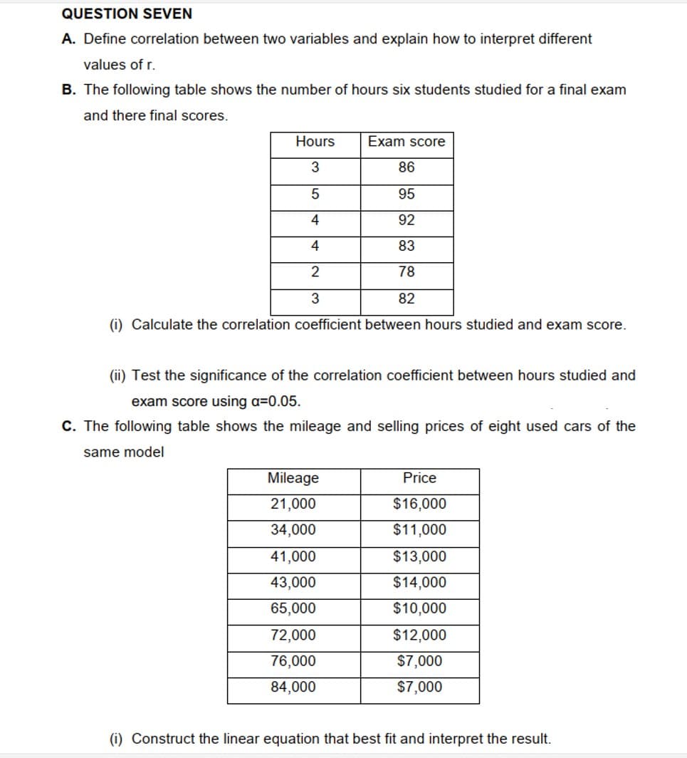 QUESTION SEVEN
A. Define correlation between two variables and explain how to interpret different
values of r.
B. The following table shows the number of hours six students studied for a final exam
and there final scores.
Hours
Exam score
3
86
95
4
92
83
2
78
3
82
(i) Calculate the correlation coefficient between hours studied and exam score.
(ii) Test the significance of the correlation coefficient between hours studied and
exam score using a=0.05.
C. The following table shows the mileage and selling prices of eight used cars of the
same model
Mileage
Price
21,000
$16,000
34,000
$11,000
41,000
$13,000
43,000
$14,000
65,000
$10,000
72,000
$12,000
76,000
$7,000
84,000
$7,000
(i) Construct the linear equation that best fit and interpret the result.
