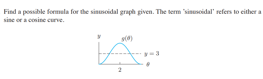 Find a possible formula for the sinusoidal graph given. The term 'sinusoidal' refers to either
sine or a cosine curve.
Y
g(0)
y = 3
2
