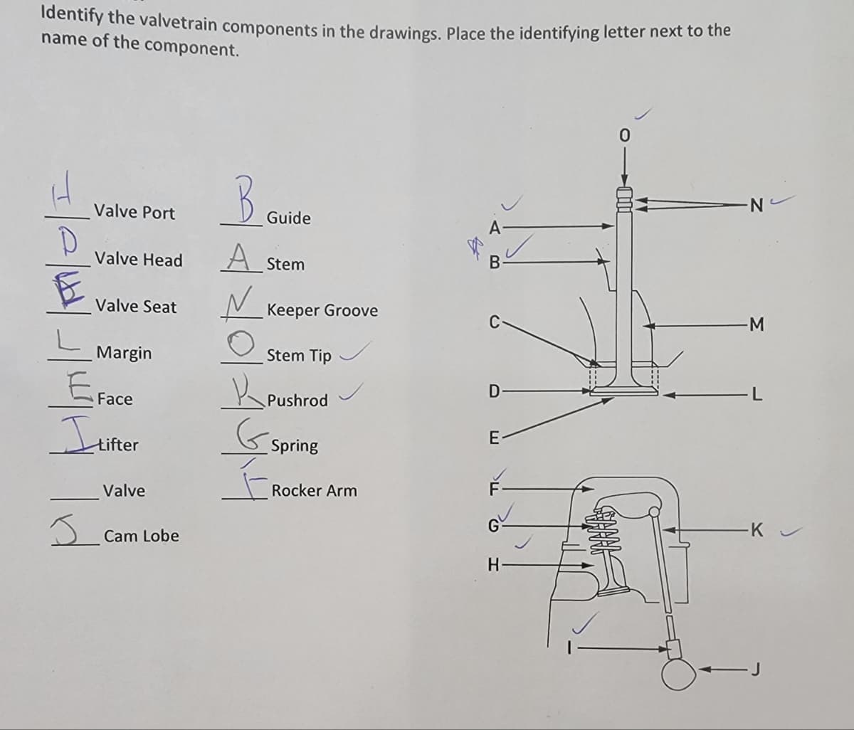 ldentiry the valvetrain components in the drawings. Place the identifying letter next to the
name of the component.
Bo
Valve Port
Guide
Valve Head
A Stem
B.
Valve Seat
Keeper Groove
C
M
Margin
Stem Tip
EFace
D
Pushrod
tifter
Spring
Valve
Rocker Arm
G
K
Cam Lobe
H
