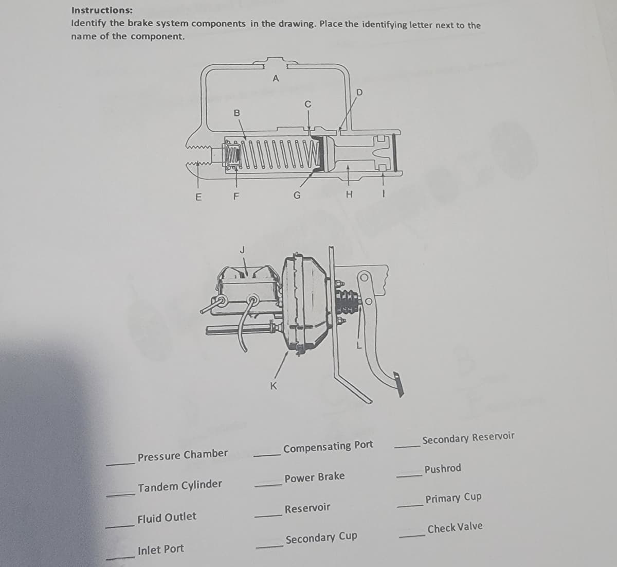 Instructions:
Identify the brake system components in the drawing. Place the identifying letter next to the
name of the component.
C
F
H.
K
Pressure Chamber
Compensating Port
Secondary Reservoir
Pushrod
Tandem Cylinder
Power Brake
Reservoir
Primary Cup
Fluid Outlet
Check Valve
Inlet Port
Secondary Cup

