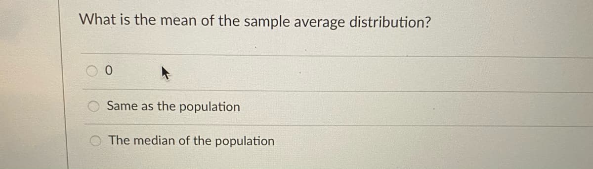 What is the mean of the sample average distribution?
Same as the population
The median of the population
