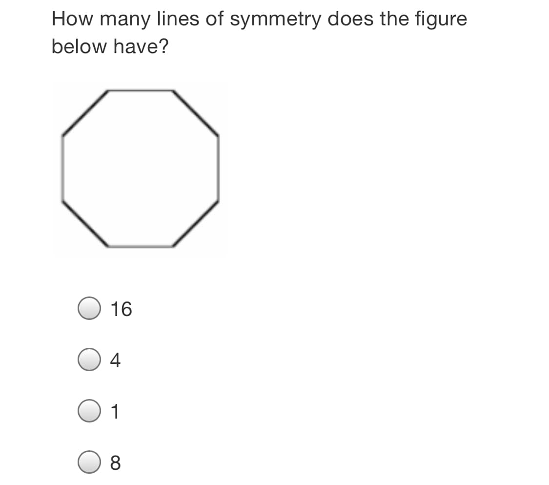 How many lines of symmetry does the figure
below have?
16
4
1
8
