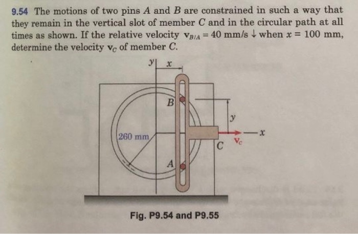 9.54 The motions of two pins A and B are constrained in such a way that
they remain in the vertical slot of member C and in the circular path at all
times as shown. If the relative velocity vRA = 40 mm/s when x = 100 mm,
determine the velocity ve of member C.
%3D
B
260 mm
A
4.
