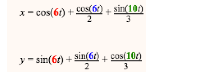 x= cos(6t) + Cos(61) + sin(104)
2
3
y = sin(6t) + sin(61) + cos(101)
3
2.
