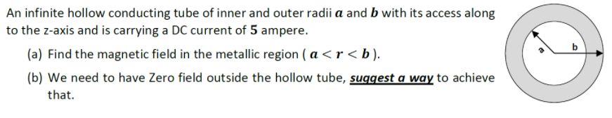 An infinite hollow conducting tube of inner and outer radii a and b with its access along
to the z-axis and is carrying a DC current of 5 ampere.
(a) Find the magnetic field in the metallic region ( a <r < b ).
(b) We need to have Zero field outside the hollow tube, suggest a way to achieve
that.
