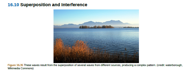 16.10 Superposition and Interference
Figure 16.35 These waves result from the superposition of several waves from different sources, producing a complex pattern. (credit waterborough,
Wikimedia Commons)
