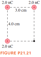2.0 nC
2.0 nC
(+)
(+)
3.0 cm
|4.0 cm
(+)
2.0 nC
FIGURE P21.21
