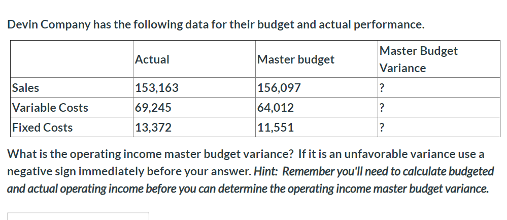 Devin Company has the following data for their budget and actual performance.
Master Budget
Variance
Master budget
Actual
Sales
153,163
156,097
?
69,245
Variable Costs
64,012
?
13,372
11,551
Fixed Costs
What is the operating income master budget variance? If it is an unfavorable variance use a
negative sign immediately before your answer. Hint: Remember you'll need to calculate budgeted
and actual operating income before you can determine the operating income master budget variance.
