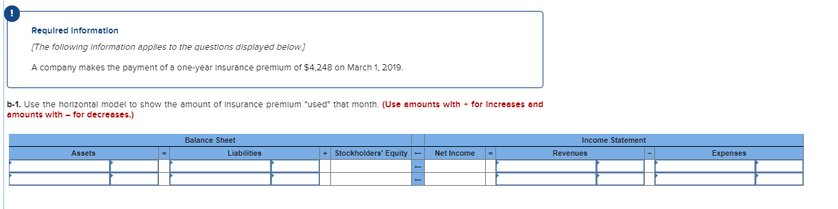 Requlred Informatlon
[The following Information apples to the questions displayed below.]
A company makes the payment of a one-year Insurance premlum of $4,248 on March 1, 2019.
b-1. Use the horizontal model to show the amount of Insurance premlum "used" that month. (Use amounts with + for Increases and
amounts with – for decreases.)
Balance Sheet
Liabilities
Income Statement
+ Stockholders' Equity -
Net Income
Revenues
Expenses
Assets
