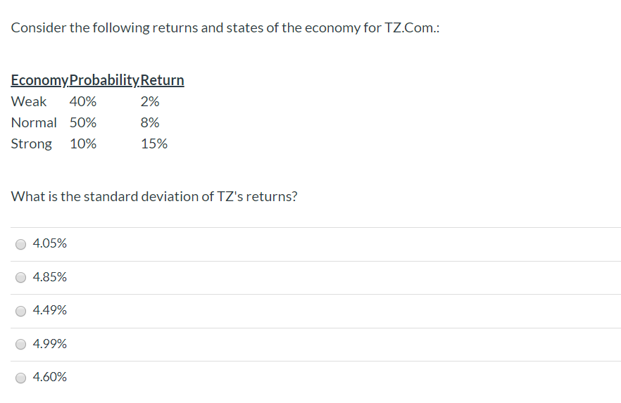 Consider the following returns and states of the economy for TZ.Com.:
EconomyProbabilityReturn
2%
Weak
40%
Normal 50%
8%
Strong 10%
15%
What is the standard deviation of TZ's returns?
4.05%
4.85%
4.49%
4.99%
4.60%
