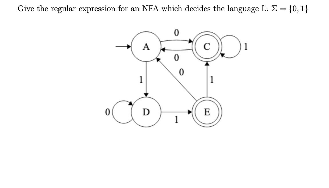 Give the regular expression for an NFA which decides the language L. E = {0, 1}
A
C
1
1
1
D
E
1
