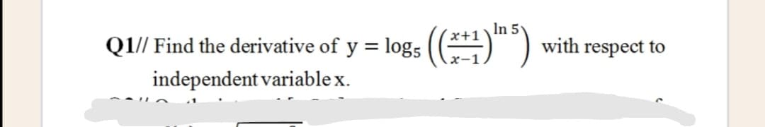 In 5
x+1
Find the derivative of y = logs ((*)) with respect to
x-1
independent variable x.
