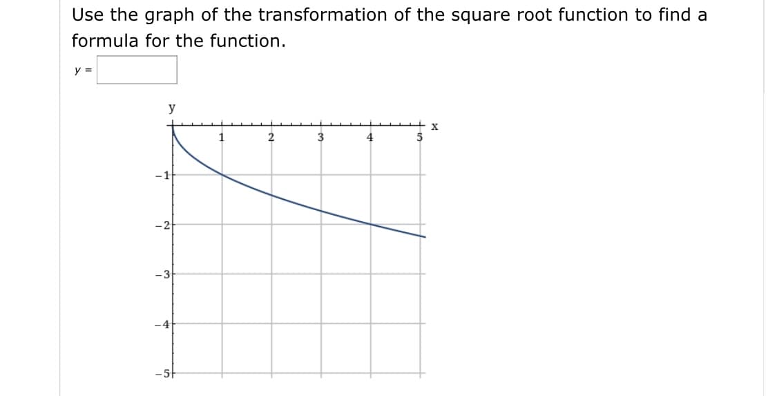 Use the graph of the transformation of the square root function to find a
formula for the function.
y =
y
2.
3
4
5
-2
-3
