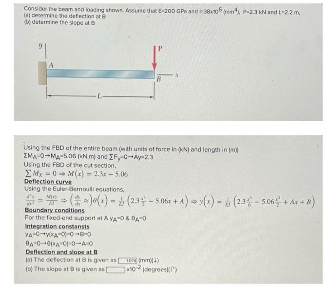 Consider the beam and loading shown. Assume that E=200 GPa and I=38x106 (mm4). P=2.3 kN and L=2.2 m,
(a) determine the deflection at B
(b) determine the slope at B
L.
Using the FBD of the entire beam (with units of force in (kN) and length in (m))
EMA=0-MA=5.06 (kN.m) and EFy 0¬AY=2.3
Using the FBD of the cut section,
E Mx = 0 M(x) =
Deflection curve
Using the Euler-Bernoulli equations,
d'y
%3D
= 2.3x - 5.06
M(x)
El
(을 ~)이(4) = (2.3를-506x + A) →y(+)- (2.3릉 - 506를 +Ar + B)
%3D
%3D
%3D
Boundary conditions
For the fixed-end support at A YA-0 & 0A-0
Integration constansts
YA-0+y(XA=0)=0-B=D0
OA=0+0(xA-0)=0 A-0
Deflection and slope at B
(a) The deflection at B is given as
1.074 (mm)(1)
1x10-2 (degrees)()
(b) The slope at B is given as
