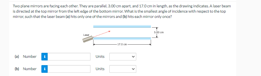 Two plane mirrors are facing each other. They are parallel, 3.00 cm apart, and 17.0 cm in length, as the drawing indicates. A laser beam
is directed at the top mirror from the left edge of the bottom mirror. What is the smallest angle of incidence with respect to the top
mirror, such that the laser beam (a) hits only one of the mirrors and (b) hits each mirror only once?
(a) Number
(b) Number i
Laser
Units
Units
17.0 cm
3.00 cm
