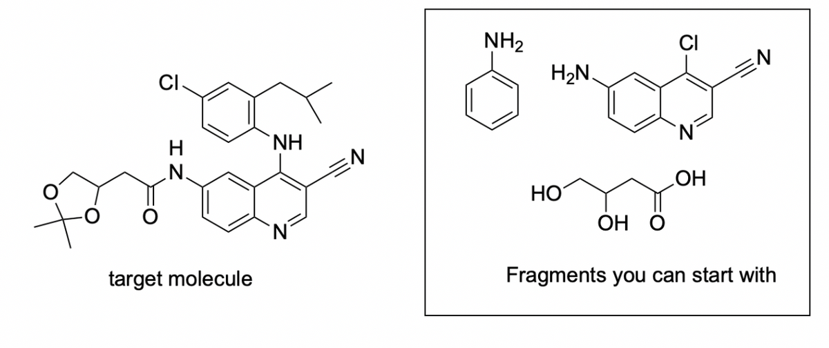 CI
H
N.
target molecule
NH
N
H₂N.
5-08
`N
NH₂
HO
OH O
CI
OH
N
Fragments you can start with