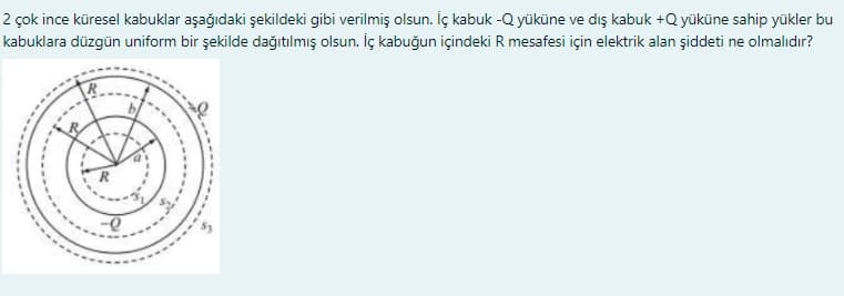 2 çok ince küresel kabuklar aşağıdaki şekildeki gibi verilmiş olsun. İç kabuk -Q yüküne ve dış kabuk +Q yüküne sahip yükler bu
kabuklara düzgün uniform bir şekilde dağıtılmış olsun. İç kabuğun içindeki R mesafesi için elektrik alan şiddeti ne olmalıdır?
