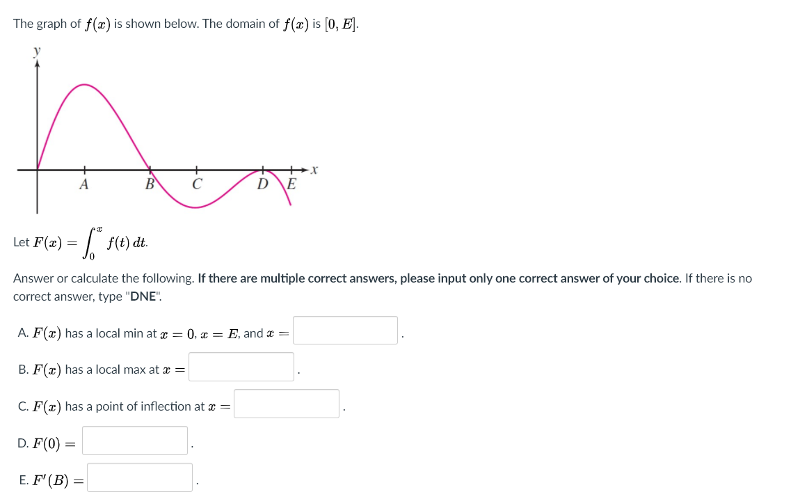 The graph of f(x) is shown below. The domain of f(x) is [0, E].
B
C
E
Let F(x) = | f(t) dt.
Answer or calculate the following. If there are multiple correct answers, please input only one correct answer of your choice. If there is no
correct answer, type "DNE".
A. F(x) has a local min at x = 0, x = E, and x =
B. F(x) has a local max at x =
C. F(x) has a point of inflection at x =
D. F(0) =
E. F' (B) =
