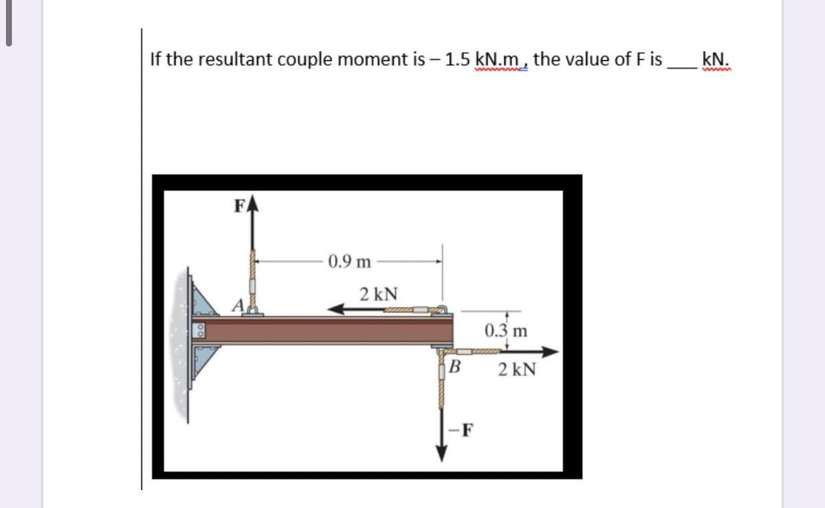 If the resultant couple moment is - 1.5 kN.m, the value of Fis
wwwm
F
0.9 m
2 kN
B
F
0.3 m
2 kN
kN.
wwww