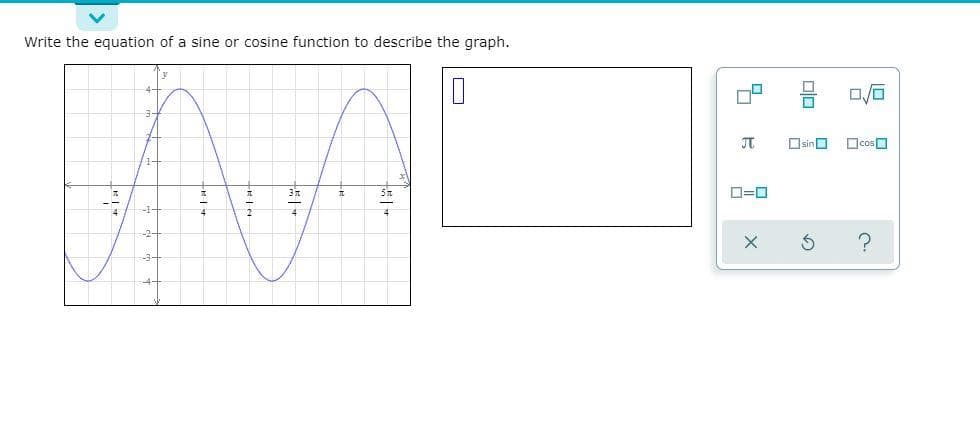 Write the eguation of a sine or cosine function to describe the graph.
JT
OsinO
OcosO
D=0
