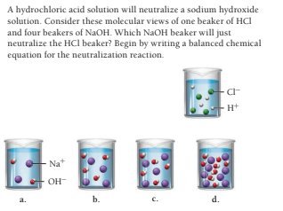 A hydrochloric acid solution will neutralize a sodium hydroxide
solution. Consider these molecular views of one beaker of HCI
and four beakers of NaOH. Which NaOH beaker will just
neutralize the HCI beaker? Begin by writing a balanced chemical
equation for the neutralization reaction.
Na*
OH-
a.
b.
с.
d.
