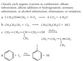 Classify each organic reaction as combustion, alkane
substitution, alkene addition or hydrogenation, aromatic
substitution, or alcohol substitution, elimination, or oxidation.
a. 2 CH,CH=CH,+ 90, - 6 COo,+ 6 H,0
b. CH;CH;CH, + Clh
CH;CH,CH,CI + HCI
c. CH;-CH2-CH-CH2-OH
CH
CH;-CH;-C=CH;
CH3
Fel,
+ 1,
+ HI
d.
