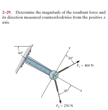 2-29. Determine the magnitude of the resultant force and
its direction measured counterclockwise from the positive x
axis.
60°
30°
F = 400 N
456
F = 250 N
