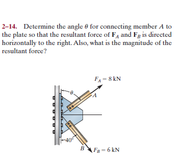 2-14. Determine the angle 0 for connecting member A to
the plate so that the resultant force of FA and Fg is directed
horizontally to the right. Also, what is the magnitude of the
resultant force?
FA = 8 kN
Fg = 6 kN
