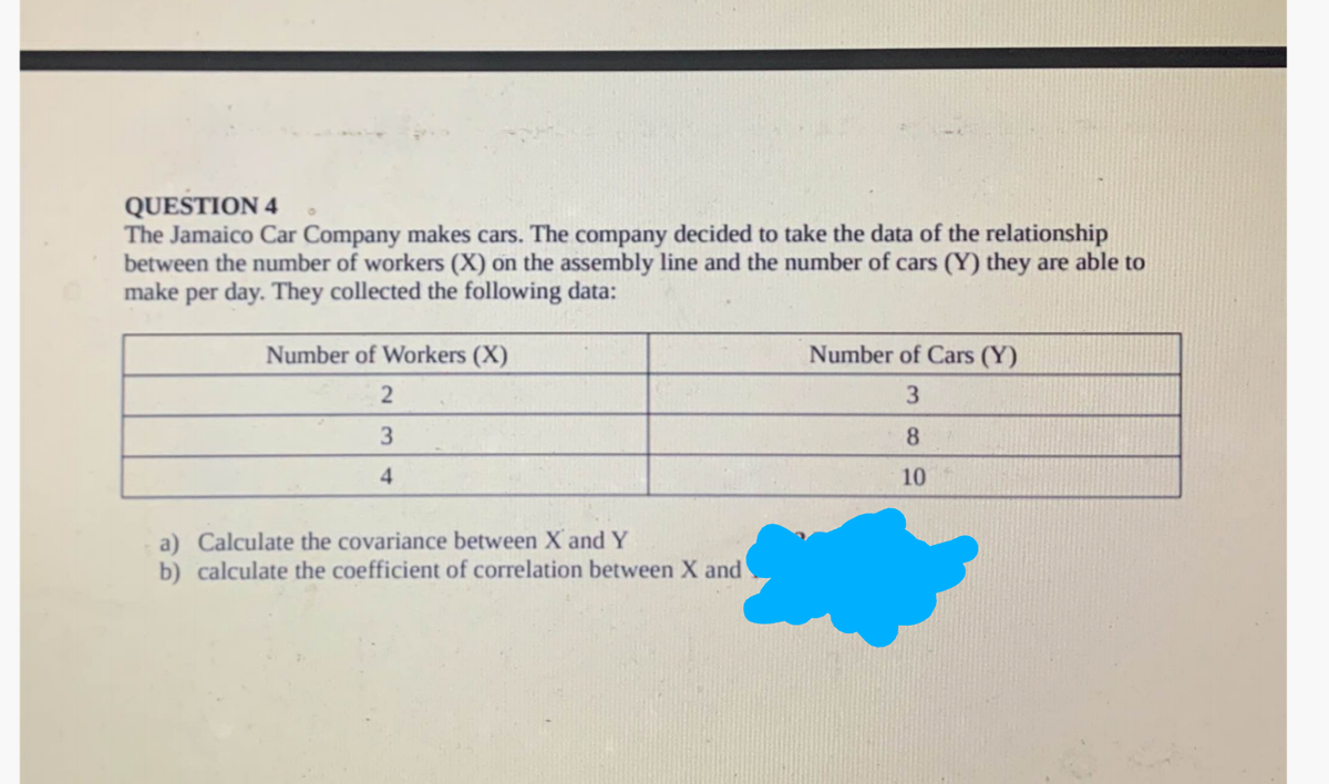 QUESTION 4
The Jamaico Car Company makes cars. The company decided to take the data of the relationship
between the number of workers (X) on the assembly line and the number of cars (Y) they are able to
make per day. They collected the following data:
Number of Workers (X)
Number of Cars (Y)
3
3.
8
4
10
a) Calculate the covariance between X and Y
b) calculate the coefficient of correlation between X and
