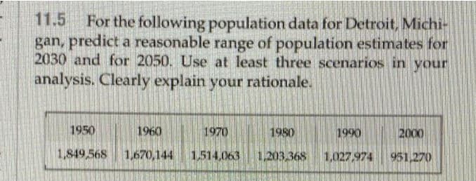 11.5
For the following population data for Detroit, Michi-
gan, predict a reasonable range of population estimates for
2030 and for 2050. Use at least three scenarios in your
analysis. Clearly explain your rationale.
1950
1960
1970
O661
2000
1,849,568
1,670,144
1,514.063
1,203.368 1,027.974
951,270
