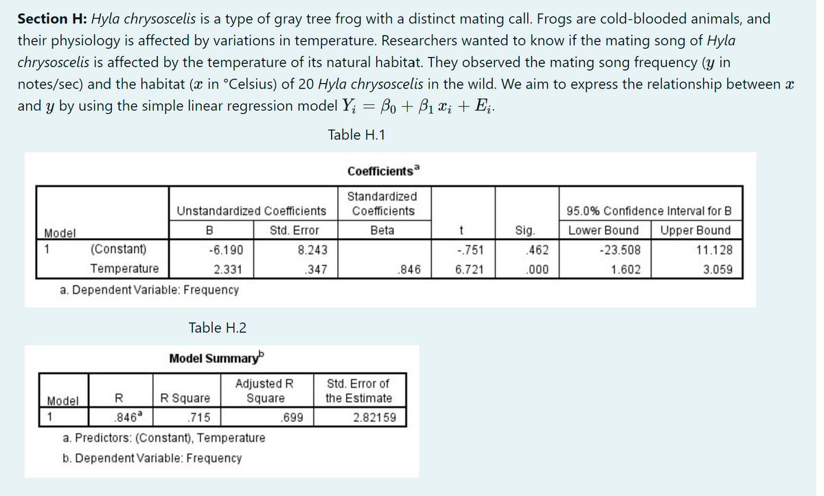 Section H: Hyla chrysoscelis is a type of gray tree frog with a distinct mating call. Frogs are cold-blooded animals, and
their physiology is affected by variations in temperature. Researchers wanted to know if the mating song of Hyla
chrysoscelis is affected by the temperature of its natural habitat. They observed the mating song frequency (y in
notes/sec) and the habitat (x in °Celsius) of 20 Hyla chrysoscelis in the wild. We aim to express the relationship between
and y by using the simple linear regression model Yį = ßo + ß₁ x; + Eį.
Table H.1
Coefficients
Standardized
Unstandardized Coefficients
Coefficients
95.0% Confidence Interval for B
Lower Bound
B
Std. Error
Beta
Sig.
Upper Bound
Model
1
(Constant)
-6.190
-23.508
11.128
Temperature
2.331
1.602
3.059
a. Dependent Variable: Frequency
Table H.2
Model Summary
Model
R Square
R
.846ª
1
.715
a. Predictors: (Constant), Temperature
b. Dependent Variable: Frequency
Adjusted R
Square
8.243
.347
.699
Std. Error of
the Estimate
2.82159
.846
t
-.751
6.721
.462
.000