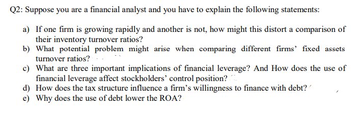 : Suppose you are a financial analyst and you have to explain the following statements:
a) If one firm is growing rapidly and another is not, how might this distort a comparison of
their inventory turnover ratios?
b) What potential problem might arise when comparing different firms' fixed assets
turnover ratios?
c) What are three important implications of financial leverage? And How does the use of
financial leverage affect stockholders' control position?
d) How does the tax structure influence a firm's willingness to finance with debt?
e) Why does the use of debt lower the ROA?
