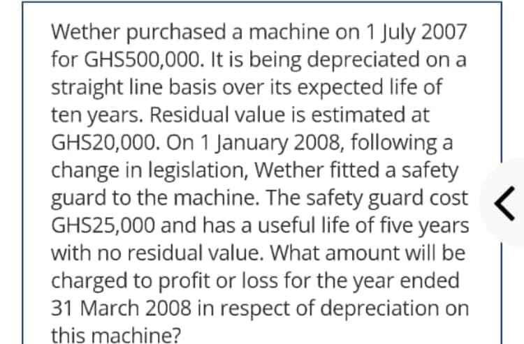 Wether purchased a machine on 1 July 2007
for GHS500,000. It is being depreciated on a
straight line basis over its expected life of
ten years. Residual value is estimated at
GHS20,000. On 1 January 2008, following a
change in legislation, Wether fitted a safety
guard to the machine. The safety guard cost
GHS25,000 and has a useful life of five years
with no residual value. What amount will be
charged to profit or loss for the year ended
31 March 2008 in respect of depreciation on
this machine?

