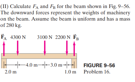 (II) Calculate FA and Fg for the beam shown in Fig. 9–56.
The downward forces represent the weights of machinery
on the beam. Assume the beam is uniform and has a mass
of 280 kg.
FA 4300 N
3100 N 2200 N FB
-4.0 m→-3.0 m-||
FIGURE 9-56
2.0 m
1.0 m Problem 16.
