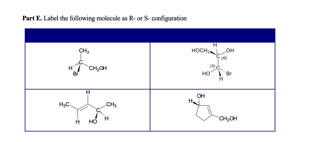 Part E. Label the following molecule as R- or S- configuration
H
H3C
CH3
C
Br
Н
CH₂OH
H
НО
II.
CH3
Н
HOCH ₂4
H
НО
OH
Н
(S)
OH
(R)
Н
Br
CH₂OH