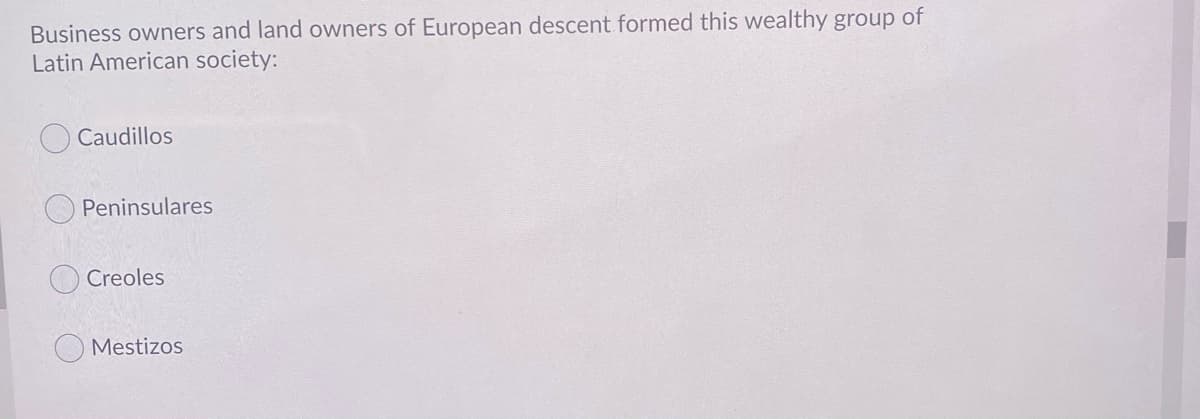 Business owners and land owners of European descent formed this wealthy group of
Latin American society:
Caudillos
Peninsulares
Creoles
Mestizos
