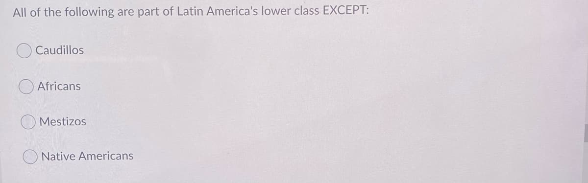 All of the following are part of Latin America's lower class EXCEPT:
Caudillos
Africans
Mestizos
Native Americans
