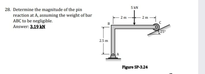 5 kN
28. Determine the magnitude of the pin
reaction at A, assuming the weight of bar
ABC to be negligible.
Answer: 3.19 kN
2 m
2 m
25
2.5 m
Figure SP-3.24
