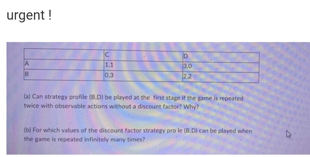 urgent !
1,1
3,0
0,3
2,2
(a) Can strategy profile (B,D) be played at the first stage if the game is repeated
twice with observable actions without a discount factor? Why?
(b) For which values of the discount factor strategy pro le (B,D) can be played when
the game is repeated infinitely many times?
