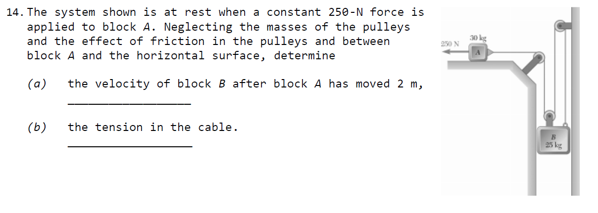 The system shown is at rest when a constant 250-N force is
applied to block A. Neglecting the masses of the pulleys
and the effect of friction in the pulleys and between
block A and the horizontal surface, determine
30 kg
250 N
(a)
the velocity of block B after block A has moved 2 m,
(b)
the tension in the cable.
25 kg
