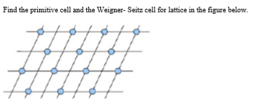 Find the primitive cell and the Weigner- Seitz cell for lattice in the figure below.
