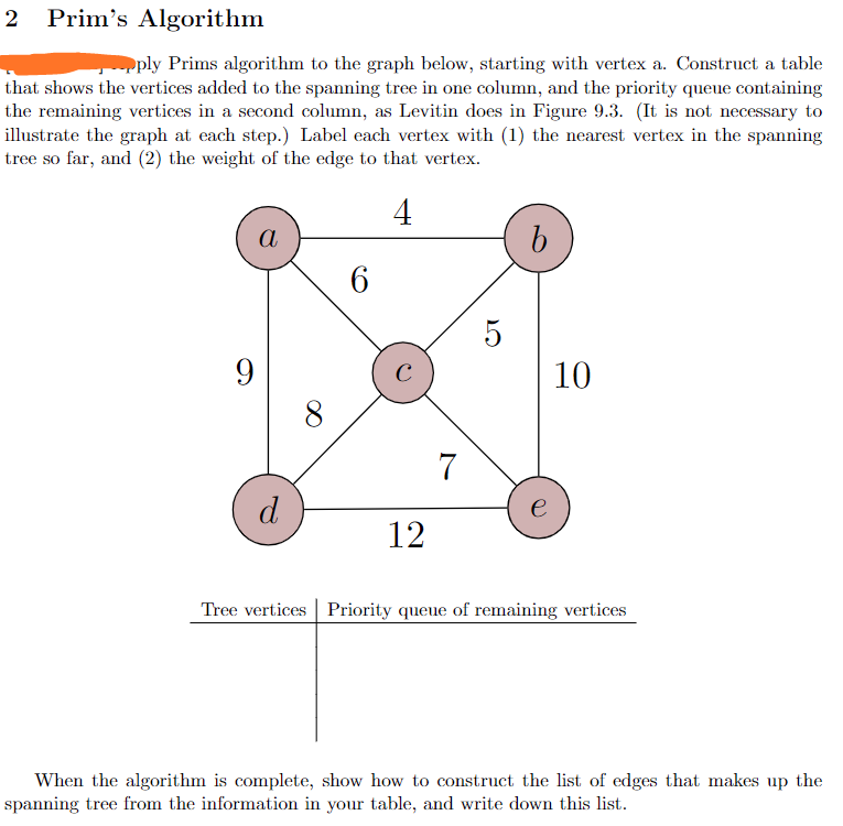 2 Prim's Algorithm
ply Prims algorithm to the graph below, starting with vertex a. Construct a table
that shows the vertices added to the spanning tree in one column, and the priority queue containing
the remaining vertices in a second column, as Levitin does in Figure 9.3. (It is not necessary to
illustrate the graph at each step.) Label each vertex with (1) the nearest vertex in the spanning
tree so far, and (2) the weight of the edge to that vertex.
4
9
a
d
6
C
12
7
b
e
10
Tree vertices Priority queue of remaining vertices
When the algorithm is complete, show how to construct the list of edges that makes up the
spanning tree from the information in your table, and write down this list.